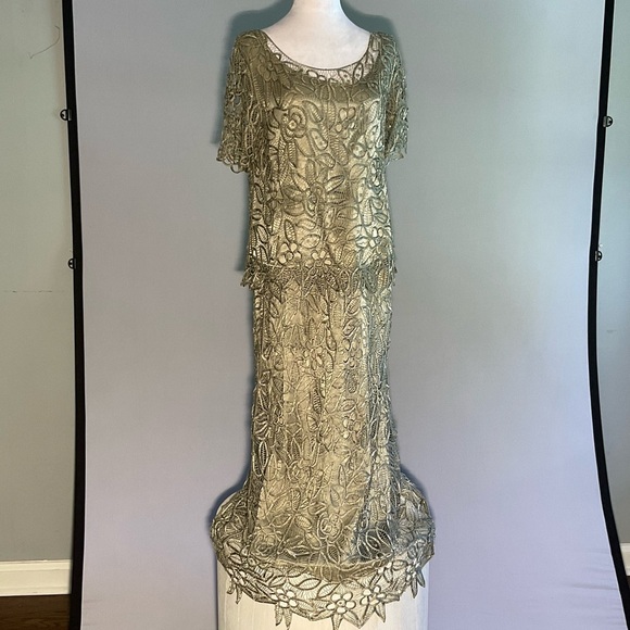 Silken Poetry Sage Green XL 2 Piece Mother of the Bride Dress Crocheted Beaded - Picture 1 of 16